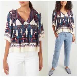ba&sh Women's Marry Top Blue Cream Boho Aztec Size 4 (US) NWT Paris